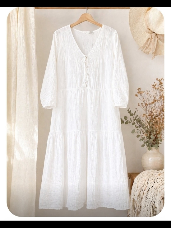 Jules & Jim Dresses & Skirts - Jules & Jim White Crinkle Boho Midi Dress Cottagecore Made in Canada M